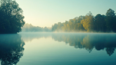 Morning mist blankets the serene lake, creating a peaceful atmosphere as the sun rises and lights up the surrounding trees.の素材