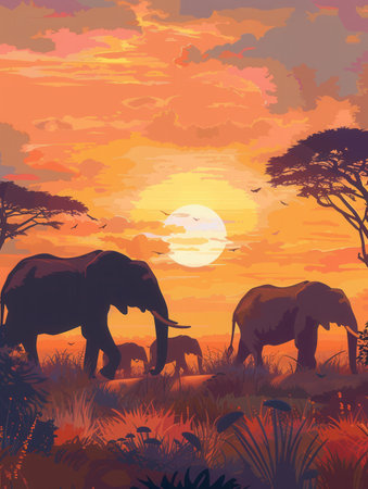 Gentle giants traverse the African savanna at sunset, silhouetted against a vibrant sky filled with hues of orange and pink.の素材