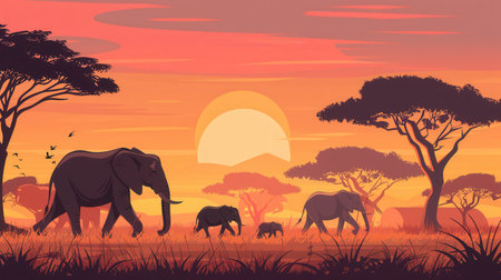Elephants stroll gracefully across the golden savanna, silhouetted against the stunning colors of the setting sun.の素材