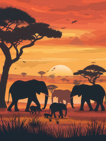 A family of elephants strolls gracefully across the African savanna as the sun sets, casting a beautiful glow on the landscape.の素材