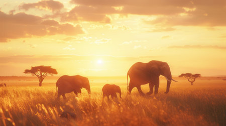A herd of elephants strolls gracefully across the African savanna as the sun sets, casting a warm golden glow over the scene.の素材