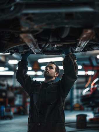 A mechanic is focused on inspecting the underside of a car lifted on a hoist in a busy garage, ensuring proper maintenance.の素材