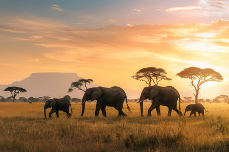 A group of elephants strolls through the golden savanna at sunset, silhouetted against a stunning backdrop of mountains.の素材