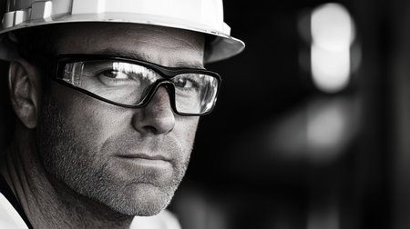 A construction worker, equipped with safety glasses and a hard hat, is intently concentrating on his work at a construction site in daylight.の素材