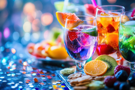 Bright cocktails arranged with vibrant fruit slices and snacks enhance a lively gathering, perfect for summer celebrations.の素材