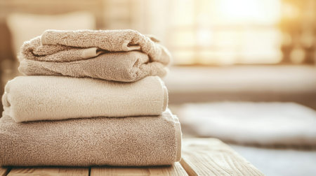 Fresh towels are arranged on a wooden surface, illuminated by warm sunlight streaming through a nearby window, adding a cozy atmosphere.の素材