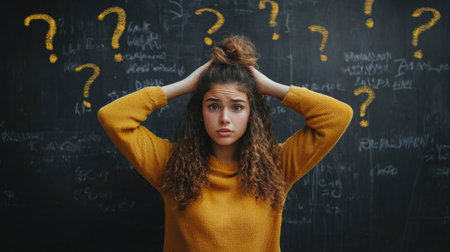 A confused young woman with curly hair holds her head while surrounded by question marks on a chalkboard, expressing uncertainty in a classroom.の素材