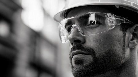 A construction worker, focused on safety, oversees site operations while wearing protective gear in a bustling urban setting.の素材