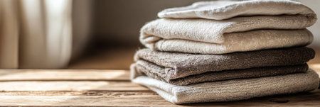 A stack of freshly folded towels in neutral colors rests on a warm wooden table in a comfortable and inviting home atmosphere.の素材