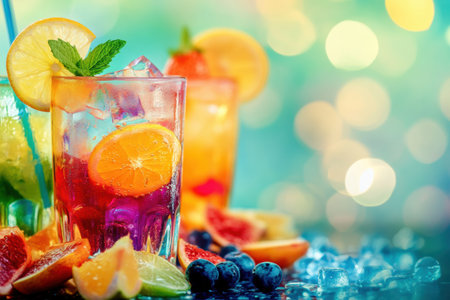 Colorful cocktails with citrus fruit slices and snacks are arranged on a table, creating a vibrant and festive atmosphere for a lively gathering.の素材