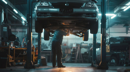 A skilled mechanic inspects and repairs a car lifted on a hoist inside a busy garage during the evening.の素材
