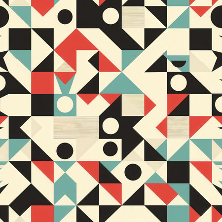 This artistic design showcases a mix of shapes including triangles, circles, and squares in bright colors on a light backdrop.の素材