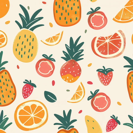 Brightly colored fruit elements including pineapples, strawberries, and citrus slices create a playful design on a light backdrop.の素材