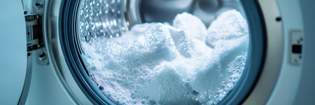 The washing machine drum is packed with clean white towels and frothy bubbles as the laundry spins during the washing process.の素材