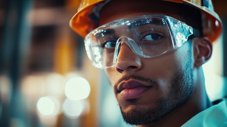 A construction worker wearing safety glasses and a hard hat concentrates on his tasks while overseeing the bustling construction site.の素材