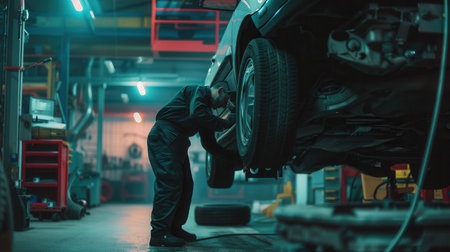 A mechanic works diligently under a lifted car in a well-equipped garage, focused on important repairs after hours.の素材