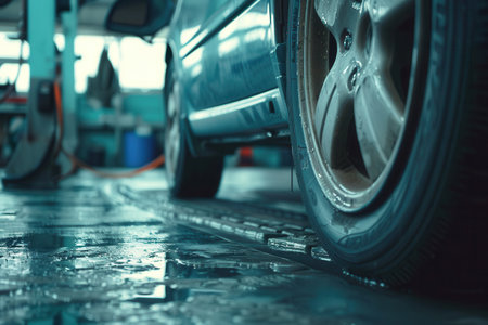 A mechanic is replacing a flat tire on a blue vehicle in a busy auto repair shop. Tools and equipment are visible.の素材