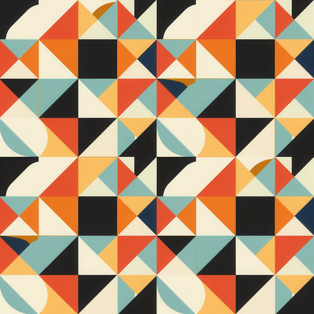 A vibrant geometric pattern showcases a variety of colored shapes, arranged in an eye-catching layout with contrasting tones.の素材
