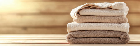 Neatly folded towels in beige and cream colors are placed on a wooden surface, warmly lit by sunlight, creating a serene atmosphere.の素材