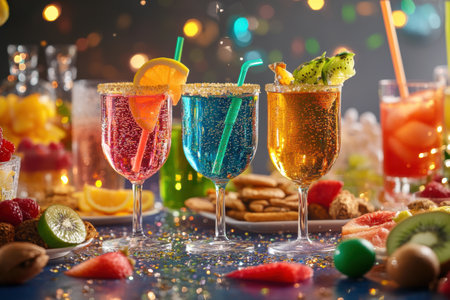 Bright cocktails in festive glasses are accompanied by a variety of snacks and fruit slices, creating a cheerful atmosphere for guests.の素材
