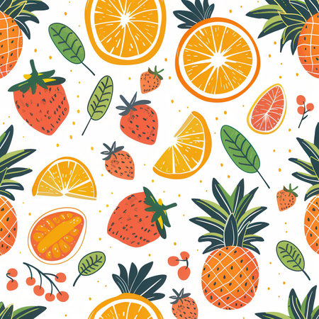 This vibrant design showcases a lively assortment of oranges, strawberries, and pineapples against a bright white backdrop.の素材