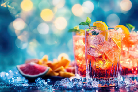 Bright and colorful cocktails sit on a table alongside fresh fruit slices and delicious snacks, creating a festive atmosphere for celebration.の素材