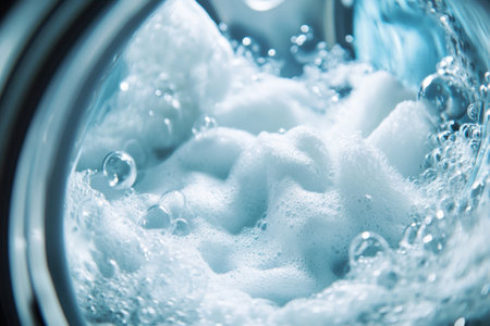 A washing machine filled with fluffy white towels spins as soap suds create a bubbly foam, indicating a thorough cleaning process.の素材