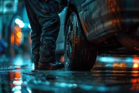 A person changes a tire on a car in the rain at night, demonstrating essential vehicle maintenance in adverse weather conditions.の素材