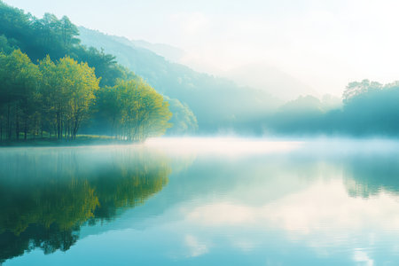 A calm lake enveloped in mist with lush trees lining the shore, capturing the peaceful essence of early morning tranquility.の素材