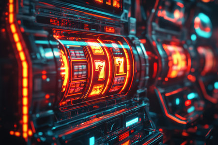 A row of advanced slot machines displays spinning reels with vibrant lights, showcasing a central jackpot symbol illuminating the area.の素材