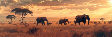 A herd of elephants walks gracefully across the open savanna during a stunning sunset, creating a peaceful and majestic atmosphere.の素材