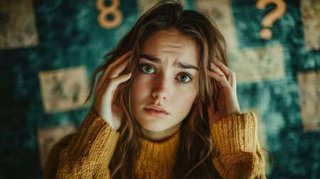 A young woman sits with her hands on her head, displaying confusion while surrounded by question marks in a warm indoor environment.の素材