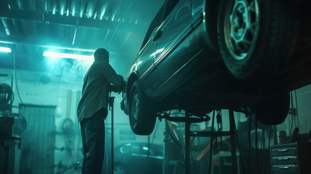 A mechanic inspects and repairs a car elevated on a hoist in a garage filled with tools and equipment during the evening.の素材