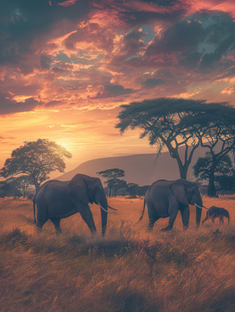 Elephants roam gracefully across the golden African savanna as the sun sets, casting a warm glow over the landscape.の素材