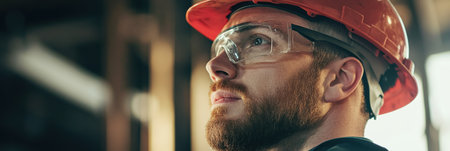 A diligent construction worker equipped with safety glasses and a hard hat is concentrating on his duties at a busy construction site.の素材