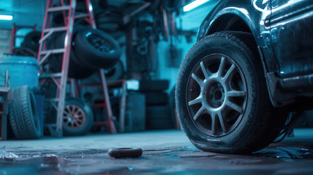 A works technician to replace a flat tire on a car in an auto repair shop, surrounded by tools and spare tires.の素材
