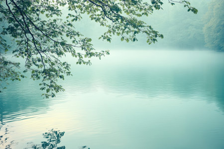 The surface of the lake is calm and reflects the soft colors of dawn, with mist lingering above the water and trees framing the view.の素材