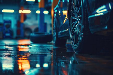 A mechanic is engaged in changing tires inside a brightly lit garage, focusing on the car's wheel while reflecting on the wet floor.の素材