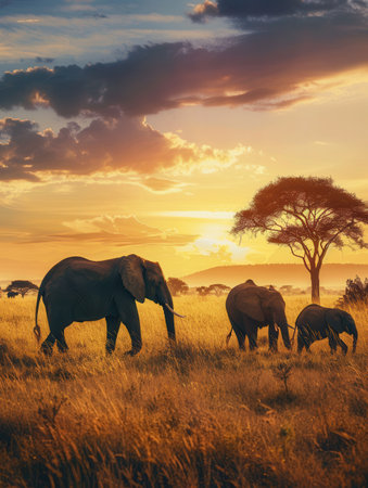 A family of elephants strolls across the golden savanna at sunset, highlighting the serene beauty of the African landscape.の素材