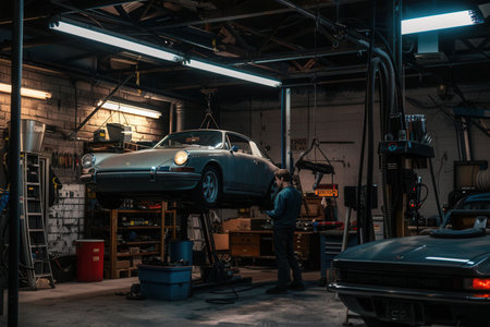 A mechanic is focused on servicing a vintage car suspended on a hoist, surrounded by tools and equipment in a dimly lit garage.の素材