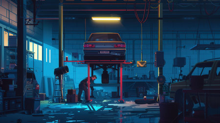 A mechanic is bent over while working beneath a vehicle raised on a hoist in a garage, surrounded by tools and equipment.の素材