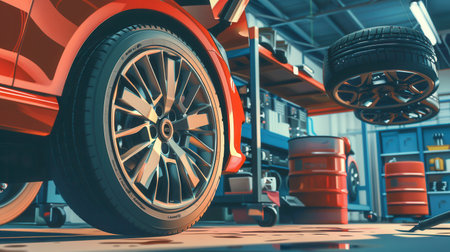 A mechanic works on changing tires in a workshop, with a car raised on a lift and tools scattered around for easy access.の素材