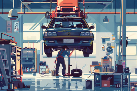 A mechanic works diligently under a car on a hoist in a well-equipped garage, showcasing a mix of tools and equipment.の素材
