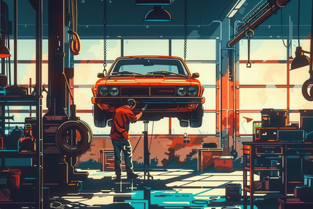 A mechanic is working attentively under a car lifted on a hoist in a bright garage, focused on repairs and maintenance tasks.の素材