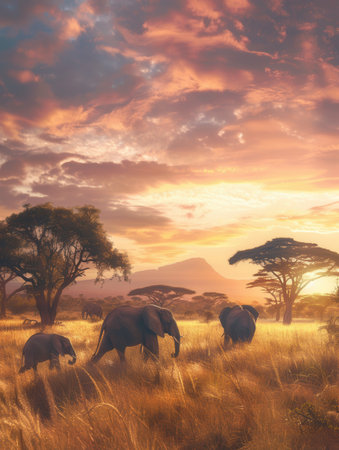 Elephants roam the golden savanna as the sun sets, casting a warm glow over the landscape and creating a serene atmosphere.の素材