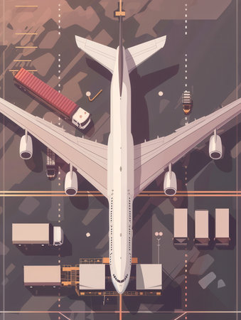 A cargo airplane is stationed on the runway, surrounded by equipment for efficient loading and unloading operations.の素材