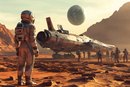 A group of astronauts stands on a rocky red terrain, examining their spacecraft and a distant moon in the twilight sky above.の素材