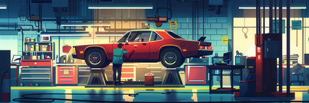 A mechanic works diligently underneath a car elevated on a hoist, surrounded by tools in a bright automotive repair shop.の素材