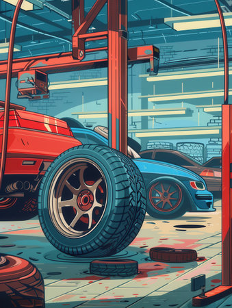 A mechanic is changing tires in a busy garage filled with tools, equipment, and two colorful cars in the background.の素材