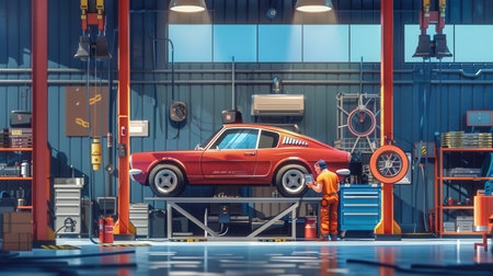 A dedicated mechanic works diligently under a classic car elevated on a hoist in a well-equipped automotive workshop.の素材